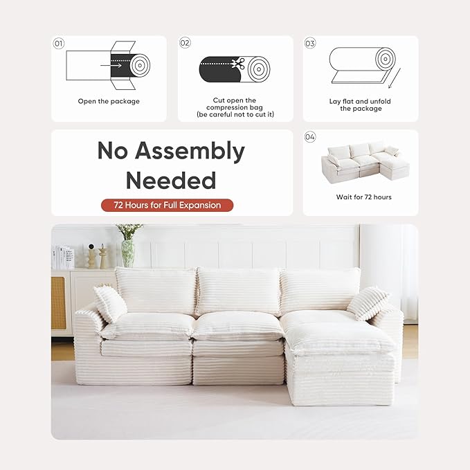 113 Cloud Sectional Boneless Couch for Living Room Modern Modular Sectional Sofa Deep Seat with Ottoman Upholstered Comfy Sectional CouchesCorduroy L Shaped Couch with Side PocketsBeige