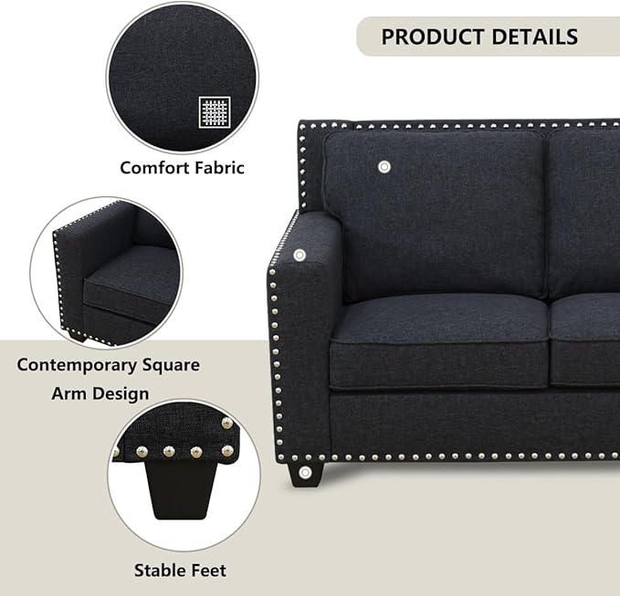 Mid Century Fabric Accent Chair with Arm Rest and Cooper Nail Modern Linen Armchair with High-Density Foam Cushion Comfy Sofa Couch for Small Place/Dorm/Cafe Living Room Couch Set(Black-LinenChair)