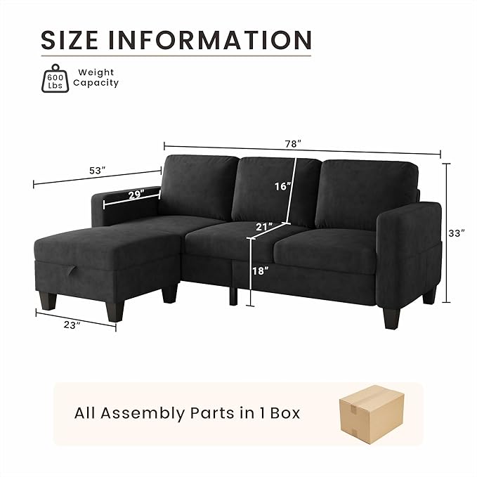 Sectional Sofa and Couches for Living Room 78 L Shaped Couch 3 Seat Modern Linen Couch with Storage Ottoman Convertible Couches for Small Space Living Room Bedroom Apartment and Office