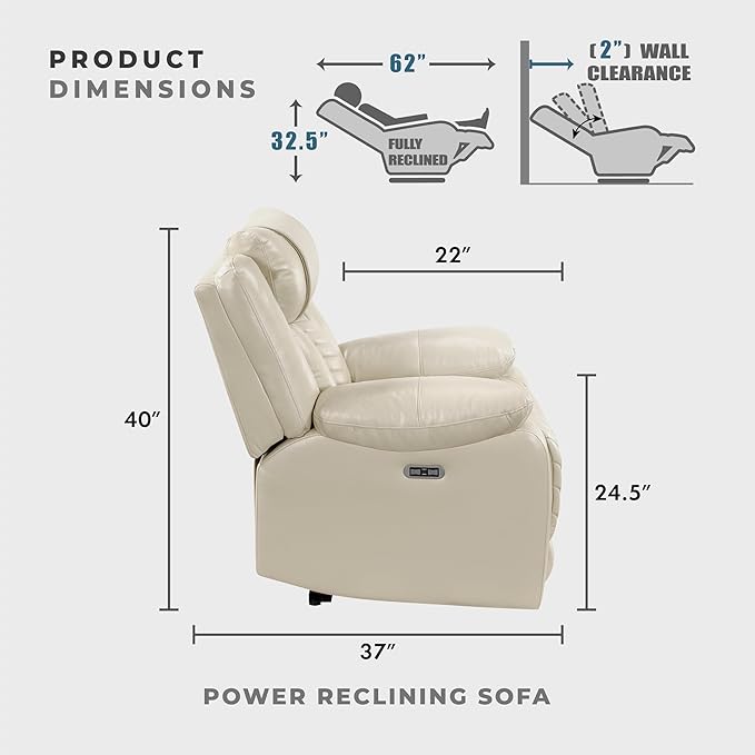 Lexicon Wall Hugger Power Double Reclining Sofa with Center Drop-Down Table Faux Leather Home Theater Seating with LED Lighting/USB Charging Ports/Wireless Charger/Cup Holders Magazine Pocket Beige