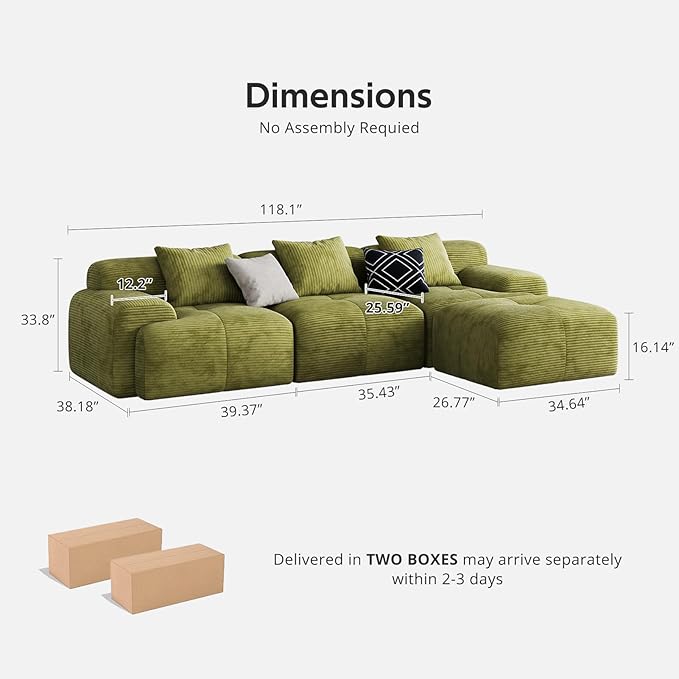 118 Oversized 3-Seater Cloud CouchL-Shaped Boneless Couch Modern Corduroy Upholstery couches for Living Room Modular sectional SofaMovable Ottoman No Assembly Required