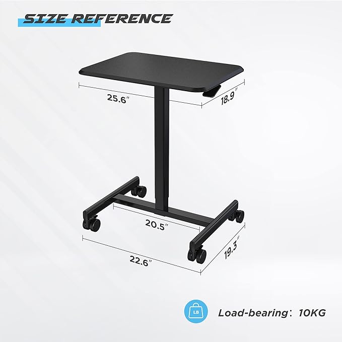 Mobile Laptop Computer Desk Height-Adjustable from 28.5 to 42.9 Pneumatic Adjustment Height Rolling Desk Mobile Table for Home and Office Black