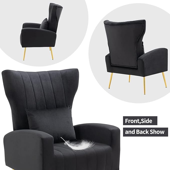 Velvet Accent Arm Chairs Set of 2 with Wingback &amp Lumbar Pillow Modern Armchairs for Living Room Bedroom Guest Reception Side Chairs for Office Gold Finish Black