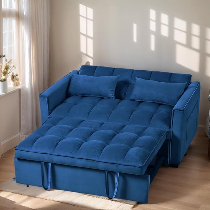 Modern Velvet Sofa Bed with 3-Level Adjustable Backrest &amp Included Pillows Pull Out Convertible Sleeper Chair with High Density Foam for Small Spaces (Blue)