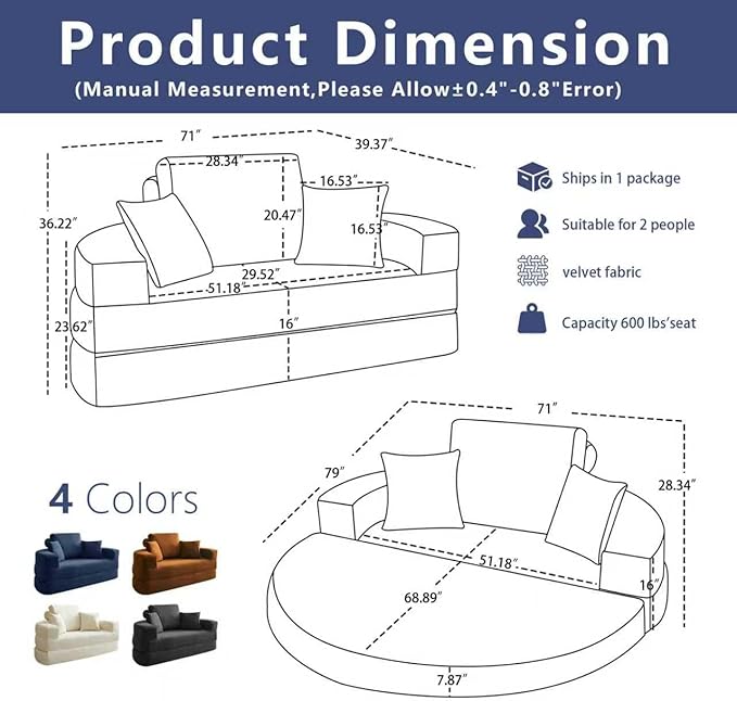 71 Boneless Couch Loveseat Folding Sofa Bed Convertible Round Floor Couch for Living RoomSleeper for Living RoomApartment Office. (1 Beige 71)