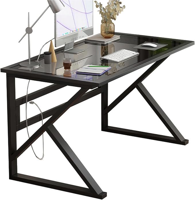 Modern Home Office Desk Tempered Glass Desk with Metal Frame and Clear Glass Tabletop Small Computer Desk for Home Office(47 Inch Black)