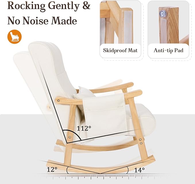 NOBLEMOOD Upholstered Rocking Chair with Ottoman Modern Indoor Nursery Glider Rocker Chair Solid Wood High Back Armchair with Fabric Padded Seat for Living Room Bedroom