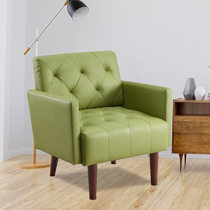 PU Leather Accent Chair Mid Century Modern Armchair for Living Room Reading Tufted Chair Single Sofa High-Density Foam Cushion Solid Wood Legs for Home Bedroom Office Reception(Green)