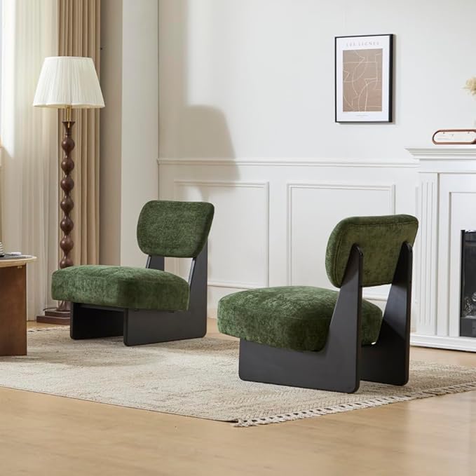 [Set of 2] Modern Beige Lounge Chair with Polyester Upholstery Sturdy Black Wood Base Stylish and Comfortable Accent Seating for Living Room (Black+Green + Polyester + Solid Wood)