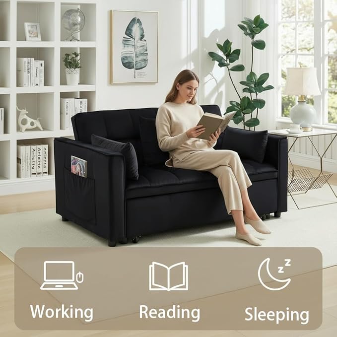 54 Convertible 3 in 1 Sofa Bed | Pull Out Sleeper Couch for Living Room | Foldable Loveseat Sleeper Sofa Bed | Space Saving Design for Apartment and Bedroom (Black)