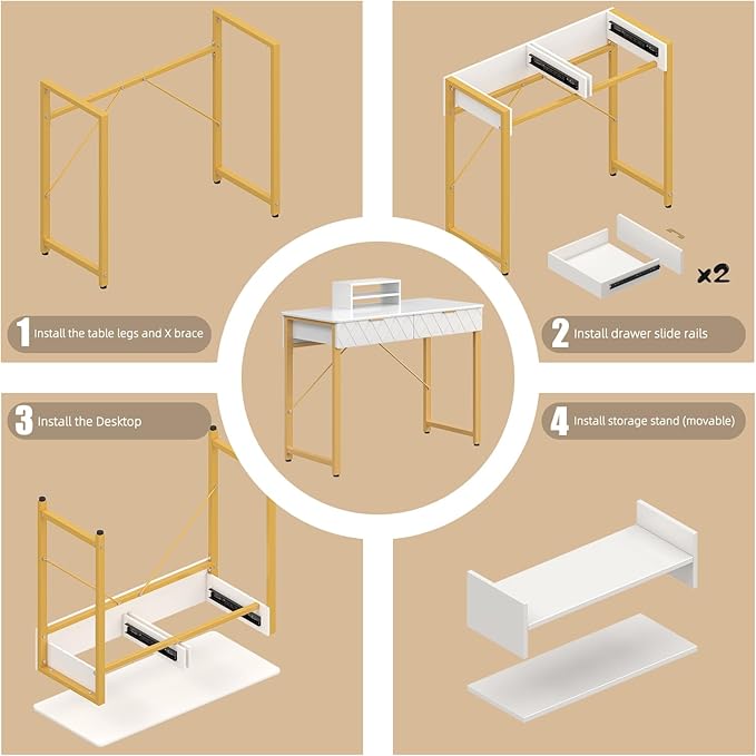 WESTREE 40 White and Gold Desk with 2 Drawers and Storage Shelf Modern Makeup Vanity with Glossy Desktop Gold Metal Frame Writing Desk for Bedroom or Home Office No Mirror