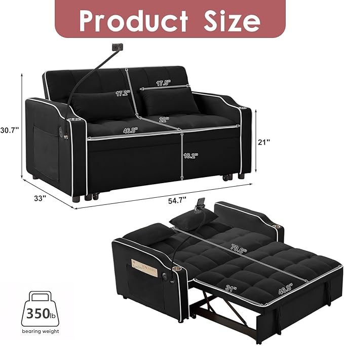 3 in 1 Convertible Sofa Bed Velvet Pull Out Couch Bed w/ Adjustable Back Love Seat Sleeper Beds w/ USB Ports &amp Cup Holders Phone Stand Full Size Futon Couch for Living Room Small Spaces (Black