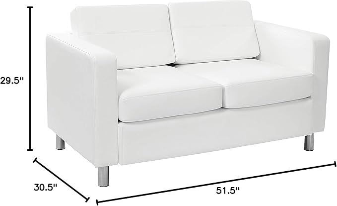 Office Star Pacific Loveseat with Padded Box Spring Seats and Silver Finish Legs Dillon Snow Faux Leather