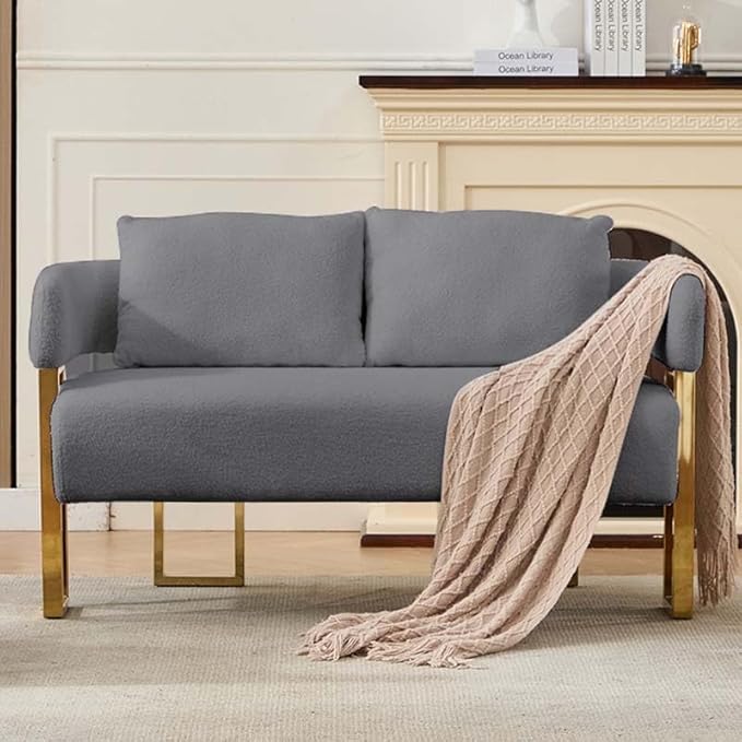 Teddy Fabric Accent Chair Modern Side Chair with Gold Metal Legs 51 Inch Wide Upholstered Loveseat for Living Room Dressing Area Office (Grey+Gold)