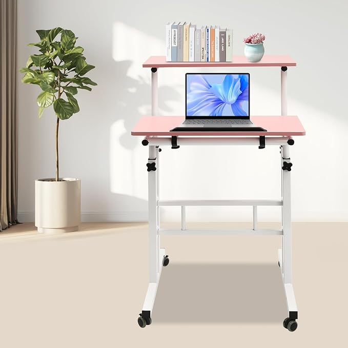 Height Adjustable Table Small Adjustable Standing Desk with Wheels Home Office Workstation Portable Rolling Desk Laptop Cart for Standing or Sitting (Pink)