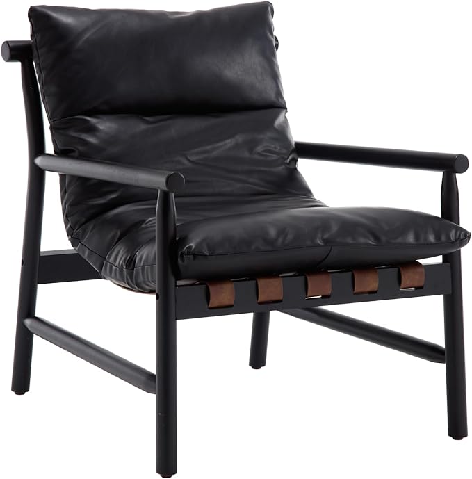 Mid Century Modern Sling Accent Chair Faux Leather Living Room Chair with Solid Wood Frame Comfy Upholstered Single Sofa Armchair for Lounge/Bedroom/Reading Black