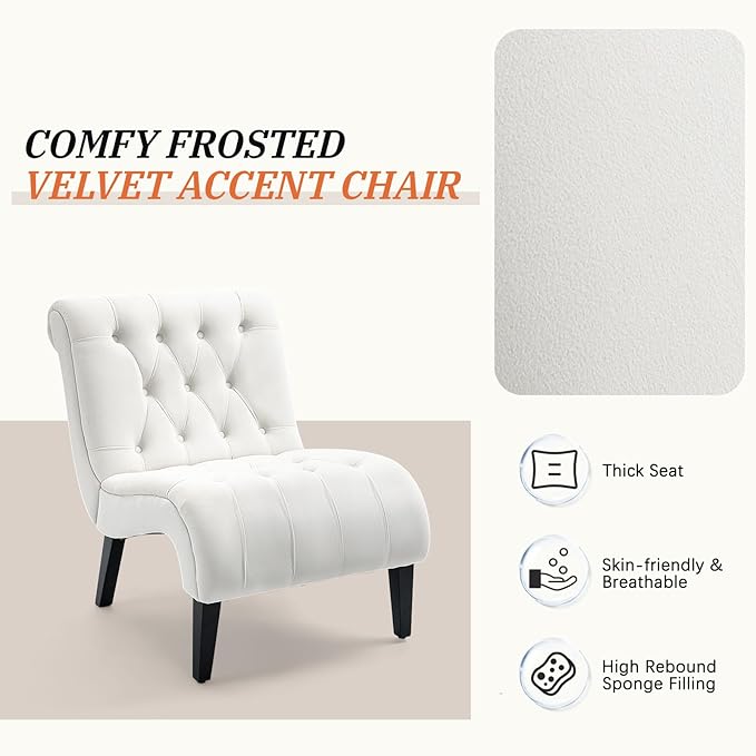 AVAWING Armless Accent Chair Set of 2 Upholstered Button Tufted Living Room Chairs with Wood Legs Comfy Frosted Velvet Lounge Chair Reading Chair for Bedroom Cream White
