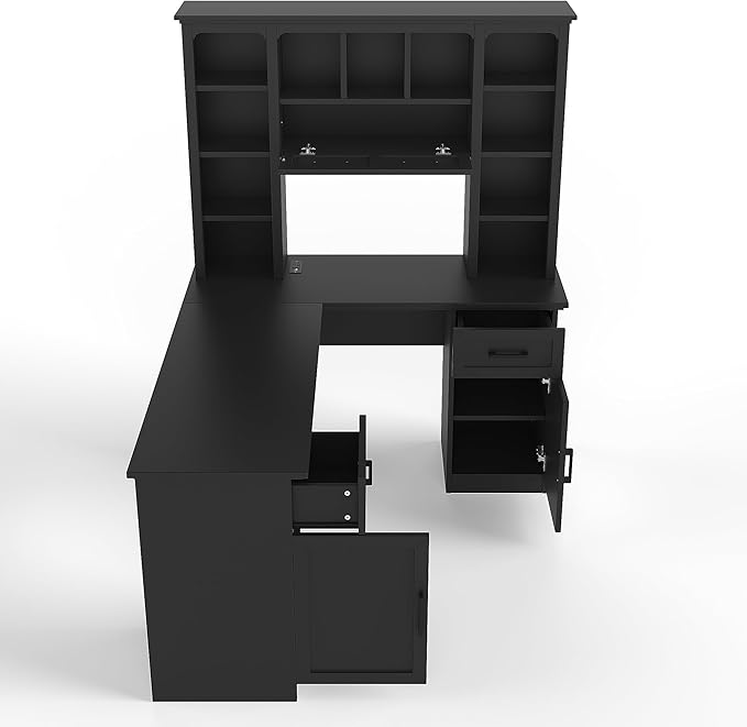 Bellemave L-Shaped Computer Desk with Drawers Hutch and Bookshelf Home Office Desk Corner Gaming Computer Desk with Power Outlet Study Table Writing Desk Black