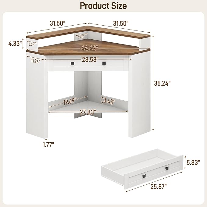 Corner Desk Triangle Computer Desk Home Office Workstation with Drawer and Monitor Stand for Small Spaces Farmhouse Corner Vanity Table for Bedroom Study Living Room (Rustic White and Brown)