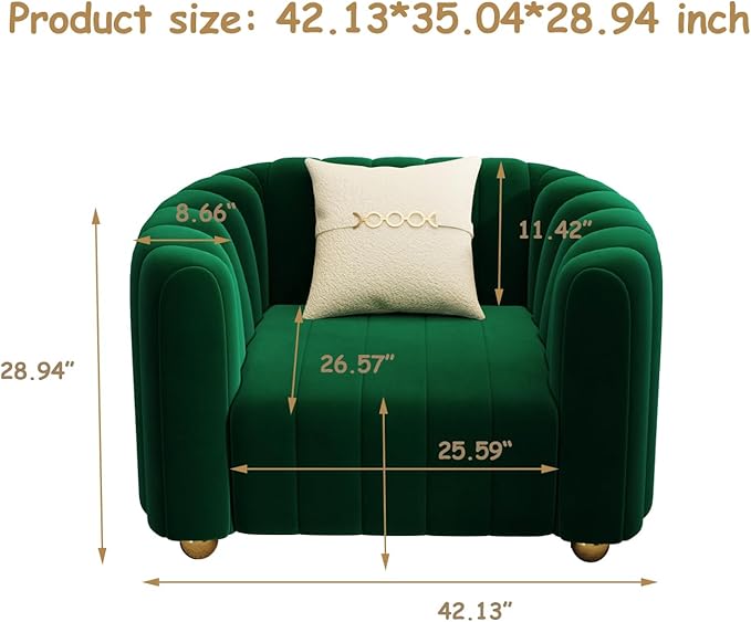 Modern Velvet Sofa Couch for Living Room 42 Comfy Upholstered Sofa Chair with Gold Metal Legs &amp Pillow Luxury Sectional Armchair Sofa for Bedroom Office Apartment (Green 1 Seater)