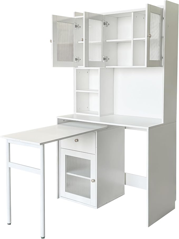 Computer Desk with Glass Door Home Office DesksConvertible Executive Desk with Bookshelf &amp HutchWriting Secretary Table with 90 Degree Rotating DesktopLarge Working Space