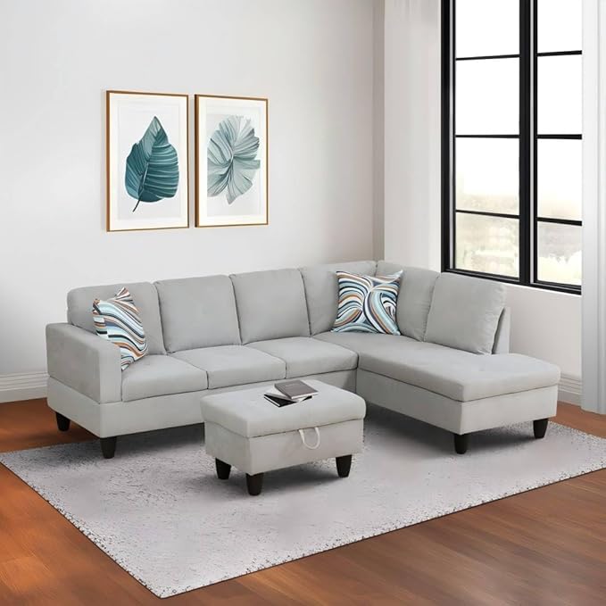 Grey White L-Shaped 3-Piece Flannelette Sofa with Storage Ottoman Set Sectional Couch Sofa Set for Living Room Office Small Space