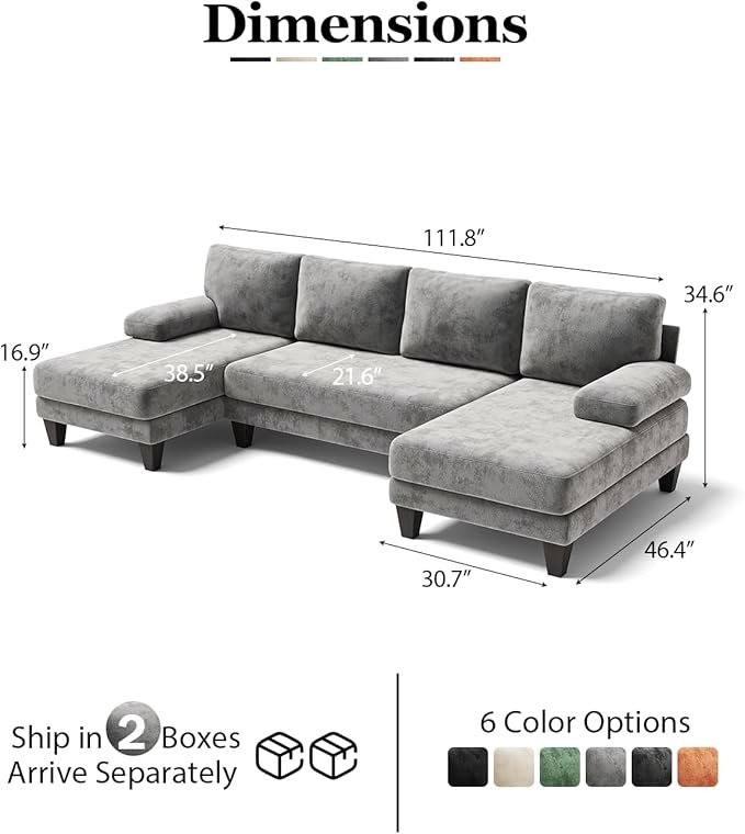 Sectional Couches for Living Room | 112 Inch U-Shaped Sectional Couch | 4 Seat Sofa Set with Double Chaise for Apartment | Light Grey Chenille