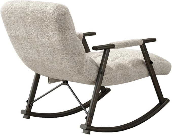 Casual Folding Rocking Chair Upholstered White Adjustable High Back &amp Footrest Cozy Comfort for Living Room Balcony