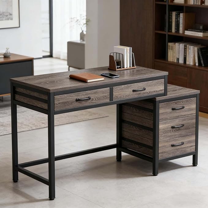 Computer Desk with Adjustable Position Drawers Gray Gaming Desk with Storage Compact Home Office Desks Vanity Desks Without Mirror for Bedroom/Study Writing