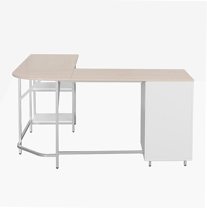 Techni Mobili L Shaped Desk - Two-Toned Computer Desk with Drawers &amp Storage Shelves - Simple Modern Furniture &amp Home Office Space Corner Table for Work &amp Writing