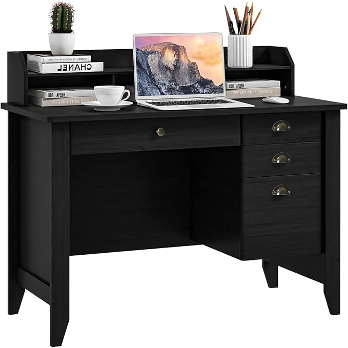 GOFLAME 48” Computer Desk with Hutch Vintage Home Office Desk with Storage Drawers &amp Shelves Space Saving Laptop PC Table Wooden Study Writing Workstation Black
