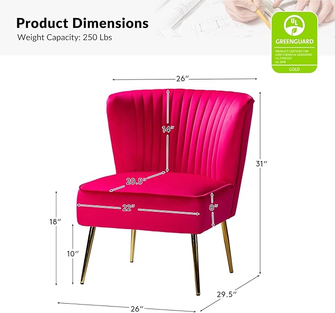 TINA'S HOME Modern Accent Chair Velvet Slipper Chair with Wingback Gold Legs Comfy Upholstered Fabric Armless Side Chair for Living Room Bedroom Vanity/Fuchsia