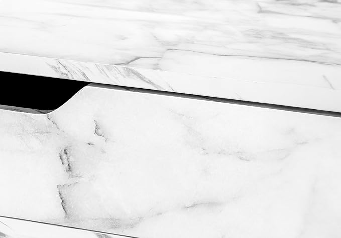 Penau Computer Desk for Home Office White Marble Look with 2 Storage Drawers Contemporary Black Metal Frame 48 Inch