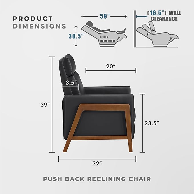 Lexicon Push Back Recliner Chair Faux Leather Upholstered Reclining Chair with Footrest Exposed Dark Brown Finish Wood Frame Small Recliner for Small Space Living Room Bedroom Black