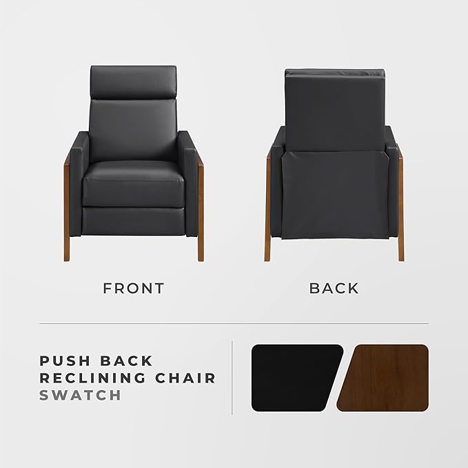 Lexicon Push Back Recliner Chair Faux Leather Upholstered Reclining Chair with Footrest Exposed Dark Brown Finish Wood Frame Small Recliner for Small Space Living Room Bedroom Black