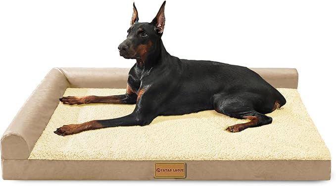 Patas Lague Orthopedic XL Dog Bed Large Sized Dog 48''X30'' Waterproof L Bolster Big Large Pet Sofa Beds with Removable Washable Cover Soft Comfortable Pet Couch Crate Mat with Nonskid Bottom Cream