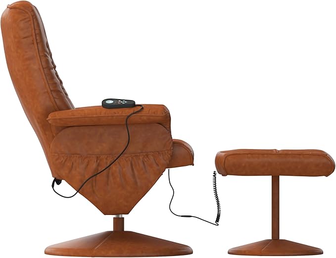 Flash Furniture Hall Massaging Heat Controlled Adjustable Recliner and Ottoman with Wrapped Base in Brown LeatherSoft