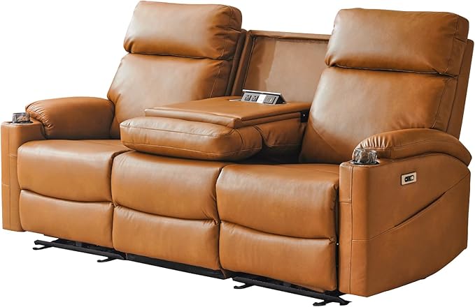 Power Reclining Sofa - 3 Seater Recliner Sofás PU Leather Sofa Home Theater Seating with Flipped Middle Backrest Power Recliner Couch for Living Room(Brown)