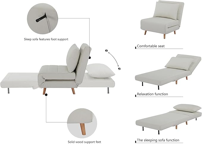 31 Convertible Sleeper Chair 3-in-1 Foldable Chair Bed with Pillow 3-Position Adjustable Backrest Single Sofa Bed for Apartment Office Beige