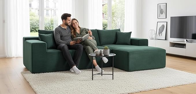 Ridge 2-Piece Convertible Corduroy L-Shaped Sofa in a Box with Pillows 3-Seater Modular Sectional Couch Compressed Living Room Furniture Dark Green (Right Facing)