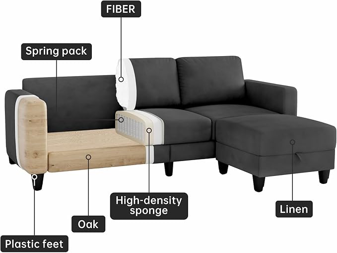 73 Small Sectional Sofa with Reversible Chaise Linen Fabric L-Shaped Couch with Solid Oak &amp Iron FrameHigh-density Sponge Spring Seat CushionRemovable Sofa Cover Compact Apartments and Studios