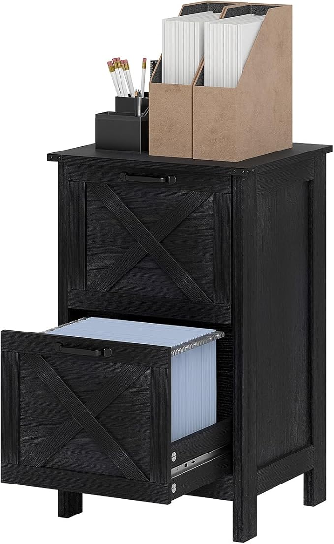 Modern File Cabinet with Barn Door Design for Home Office Storage – Two-Drawer Organizer with Smooth Gliding Slides and Safety Anti-Tip Feature