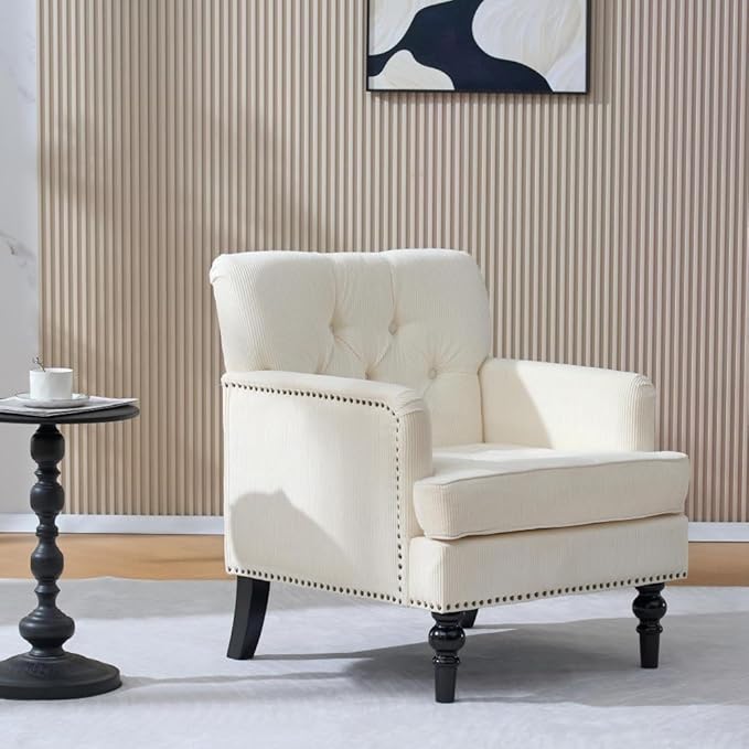 Tufted Club Chair Accent Chair with Lumbar Pillow Upholstered Button Armchair Linen Fabric Sofa Chairs for Bedroom Living Room Mid Century Modern with Studded Reading Chair Beige