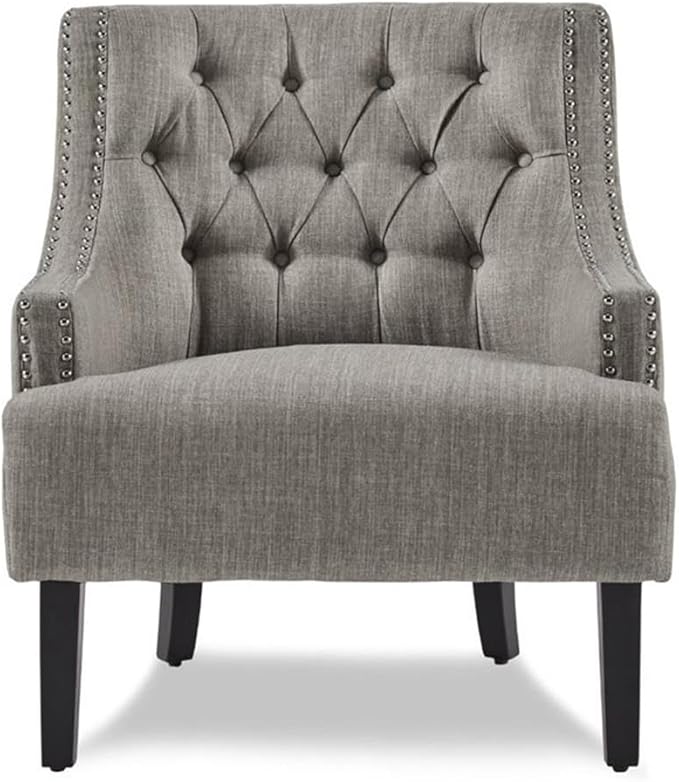 Pemberly Row Upholstered Accent Chair Taupe Fabric Solid Wood Frame High-Density Foam Cushions Button-Tufted Back Nailhead Trim Espresso Finish Legs 34.75 H x 28 W x 30.25 D for Living Room