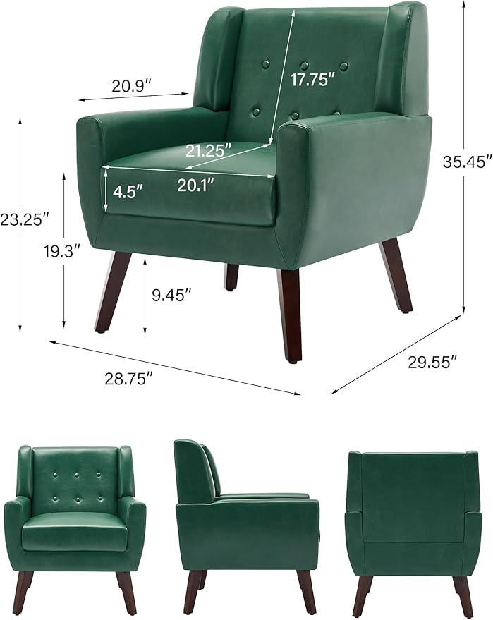 Accent Chair Mid-Century Modern PU Leather Chairs with Arms for Living Room Comfy Upholstered Club Single Sofa Armchair for Bedroom Waiting Room with Solid Wood Frame（Leather Green Set of 2)
