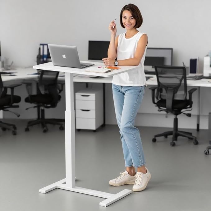 Rolling Teacher Standing Desk with Hidden WheelsPneumatic Mobile Laptop Table Height Adjustable Small Sit Standing Desk for Home OfficeWhite