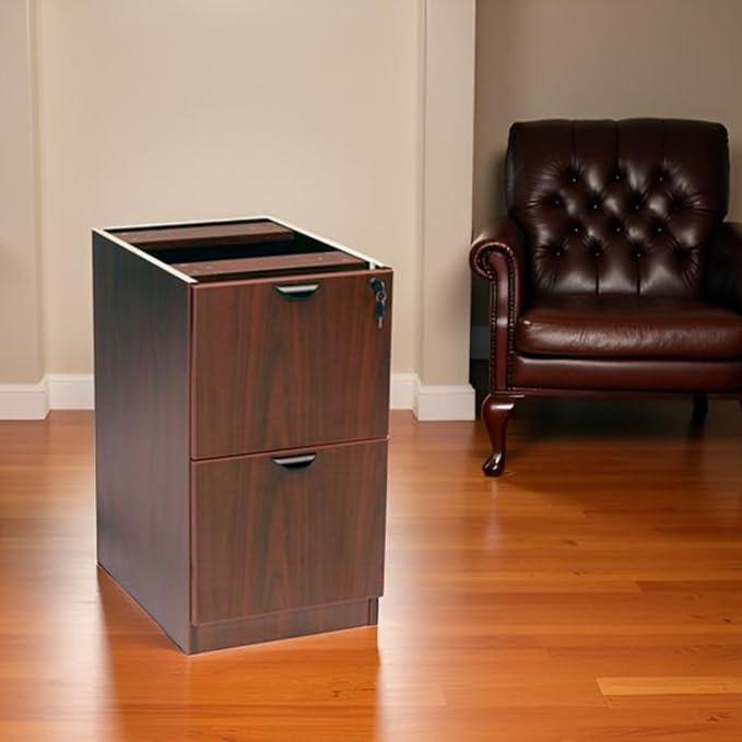 Mahogany Full Pedestal File Cabinet Two-Drawer Filing Unit Thermal Fused Melamine Construction Scratch-Resistant Finish Cam Lock Assembly System Leveling Glides