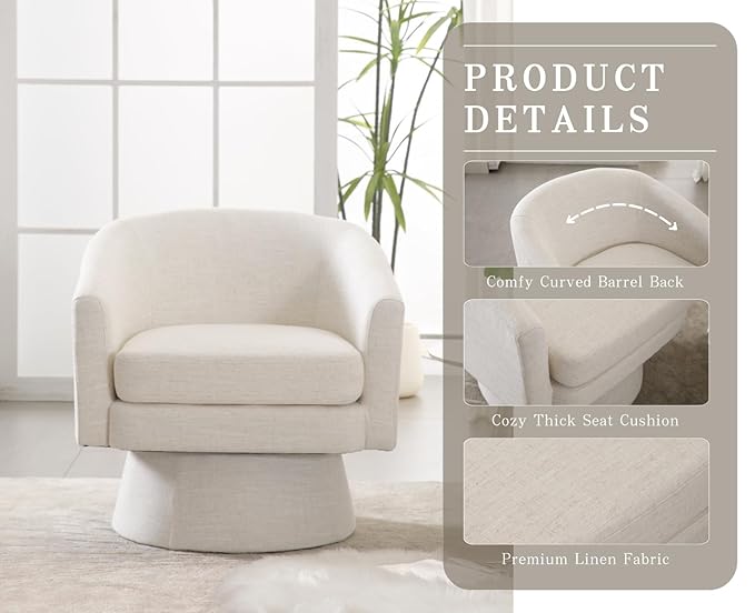 Linen Swivel Accent Chairs Set of 2 Beige Barrel Arm Chair Round Cozy Upholstered Reading Chair Modern Comfy Fabric Single Sofa Chair for Living Room/Bedroom