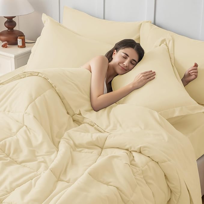 JOLLYVOGUE Twin Comforter Set Ultra-Soft Bed in a Bag Twin Size 5 Pieces Oeko-TEX Certified Bedding Set with Down Alternative Comforter Sheets Pillowcases &amp Shams Light Yellow