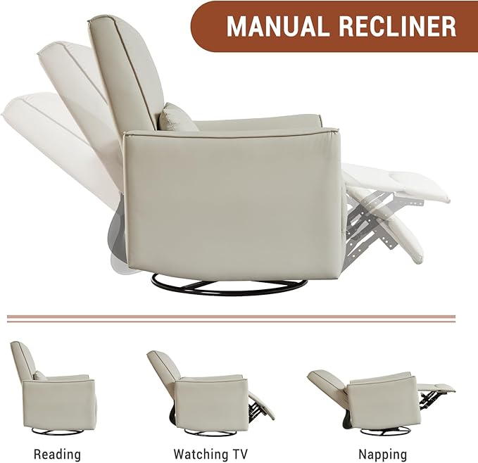 GarveeHome Recliner Chair 360° Swivel Rocker Glider Nursery Chair with Padded Armrest and Deep Seat PU Leather Upholstered Reclining Sofa Chair for Living Room Bedroom and Nursery (White)